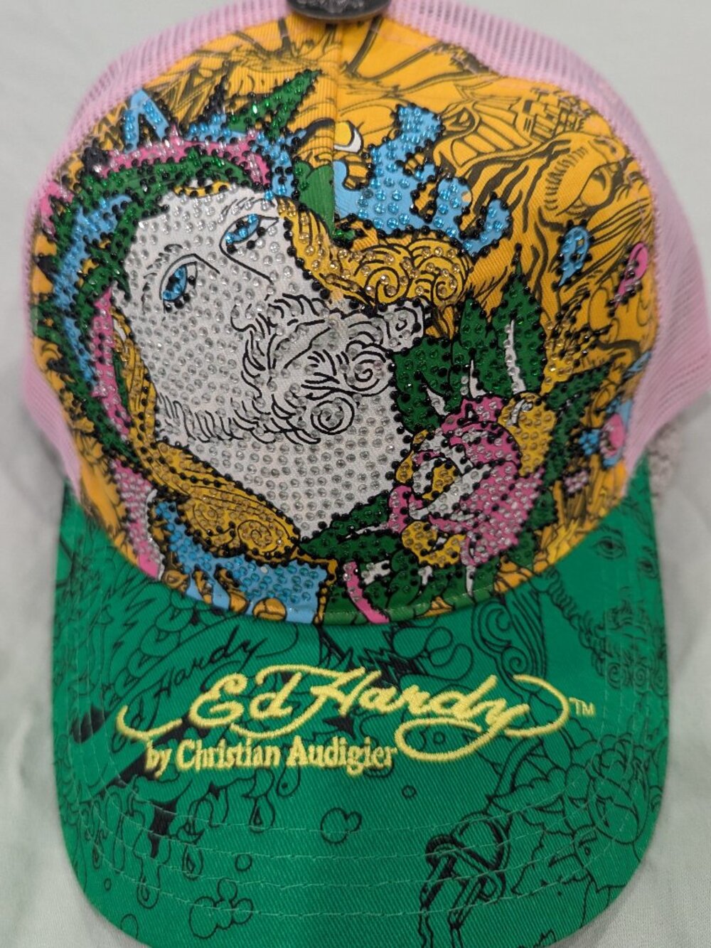 Vintage Ed Hardy Christian Audigier Rhinestone Snapback Trucker Hat Y2K Pink